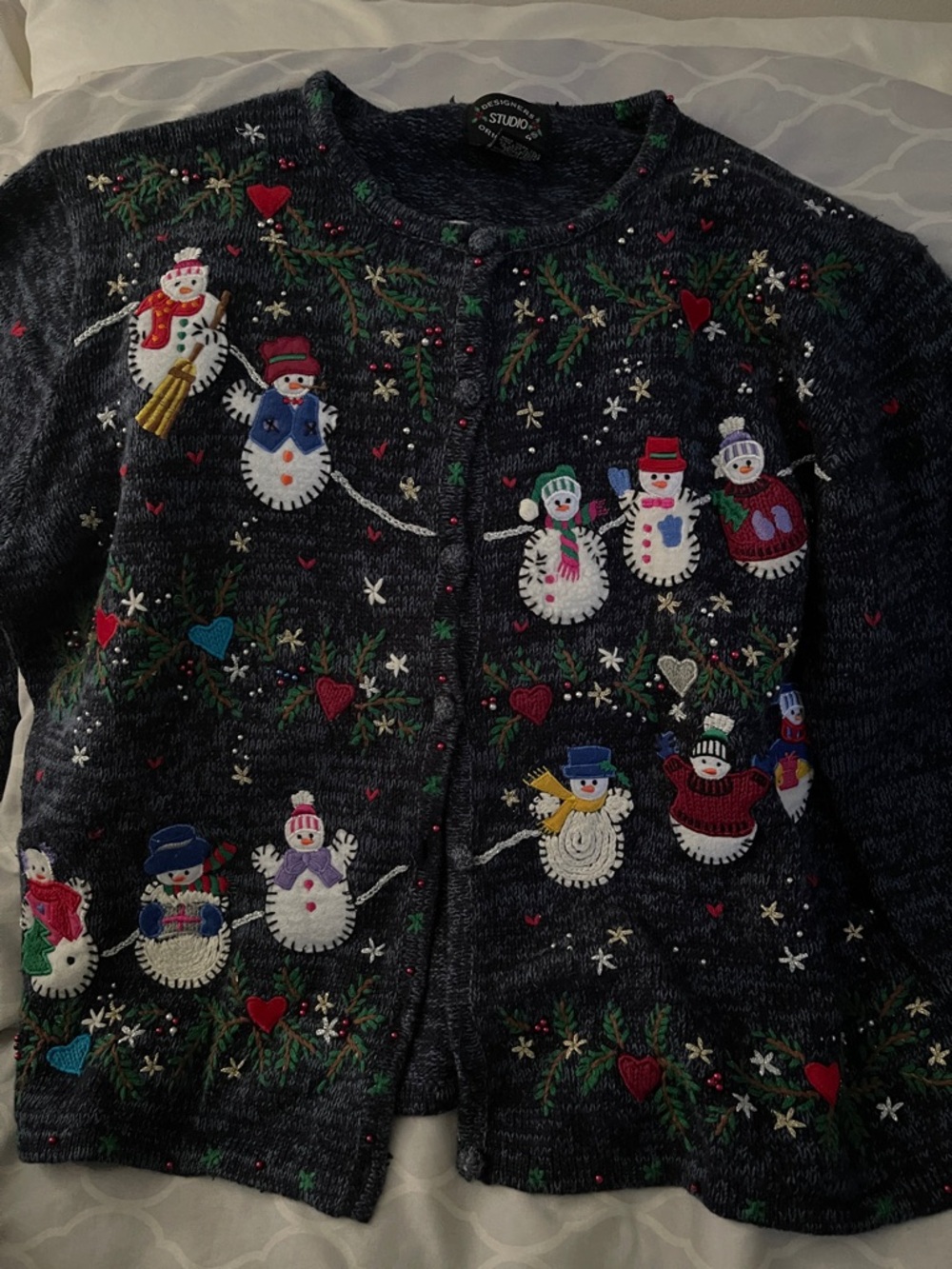 Studio 1940 Dark Gray Snowman Embroidered Holiday Cardigan
